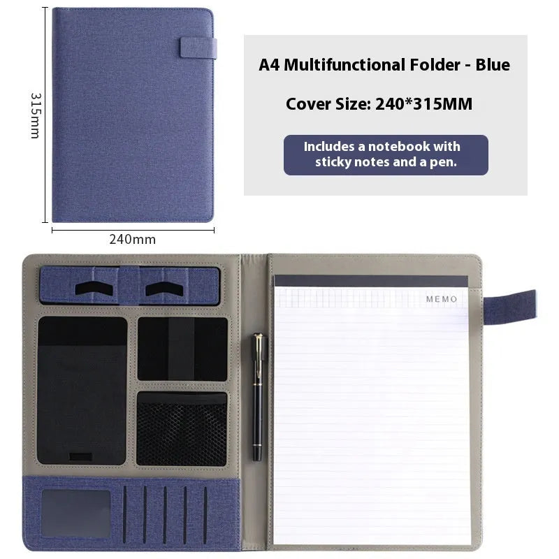 Leather A4 business folder with optional pen and notepad accessories in black colour