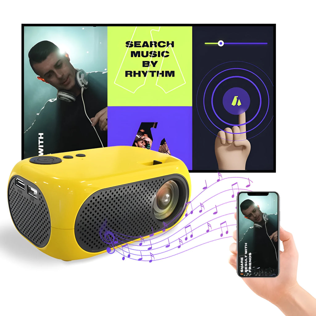M24 micro mini projector in gold or white ABS plastic with power adapter and cables