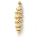 Golden coloured synthetic hair weft wig for women on a stand.