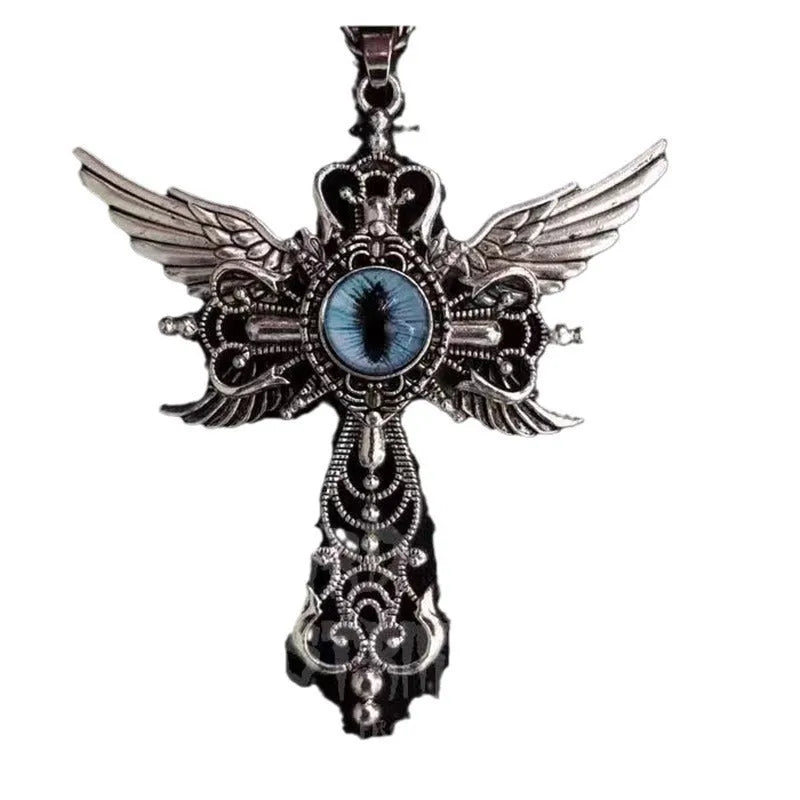 Creative geometric devil wings cross alloy pendant necklace in blue, green, purple, red, and yellow colour options.