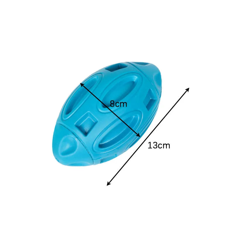 Natural rubber squeaky dog toy with surface grooves for aggressive chewers in blue, green, or orange