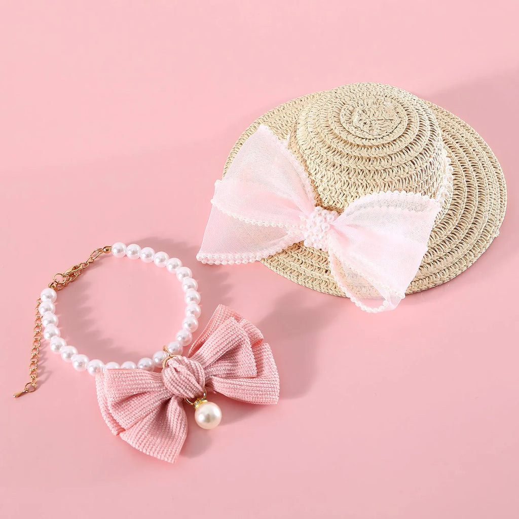 Woven straw pet cat hat with pearl bow in pink blue purple or white