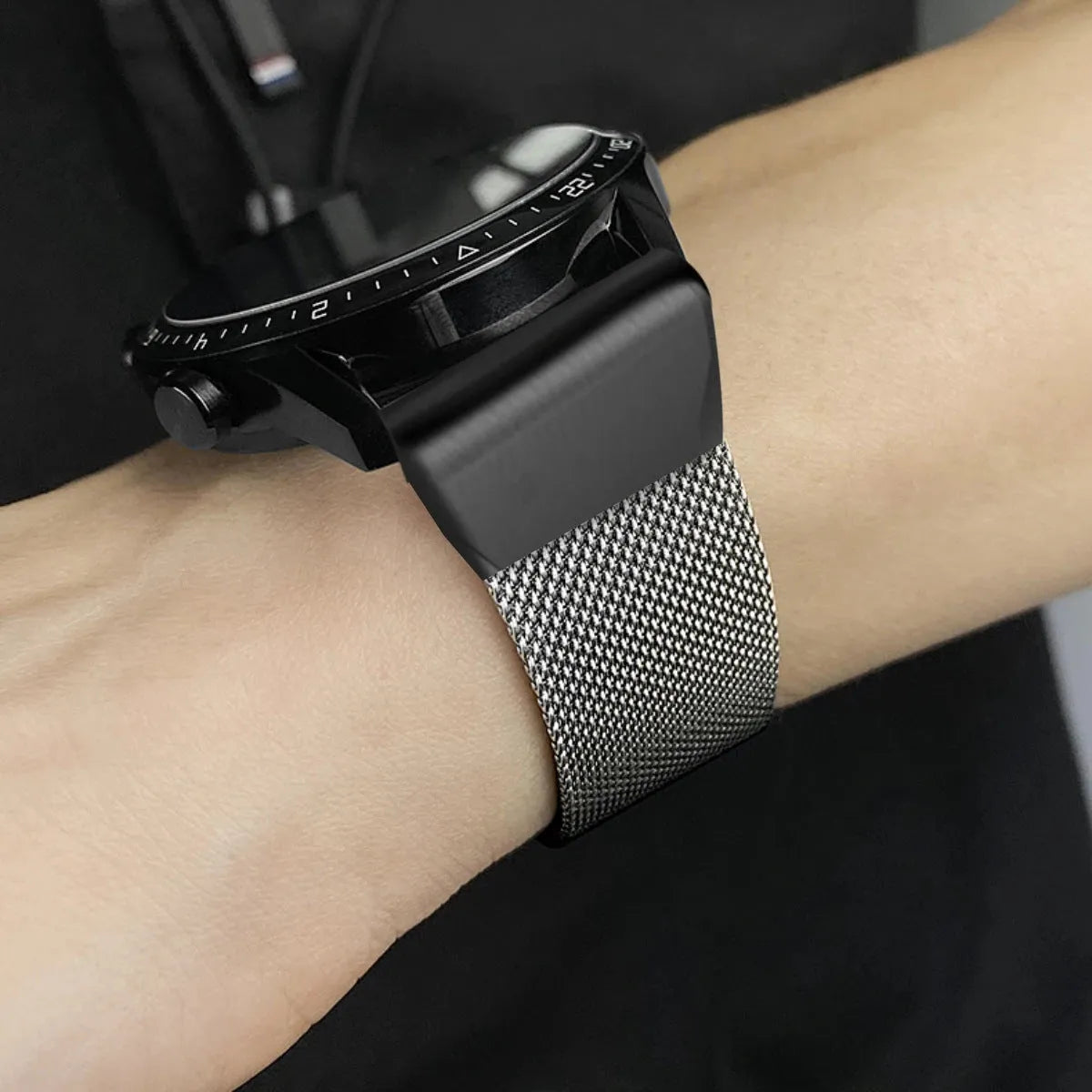 Stainless steel Garmin Fenix watch strap with integrated card slot in silver, black, gold, and rose gold.