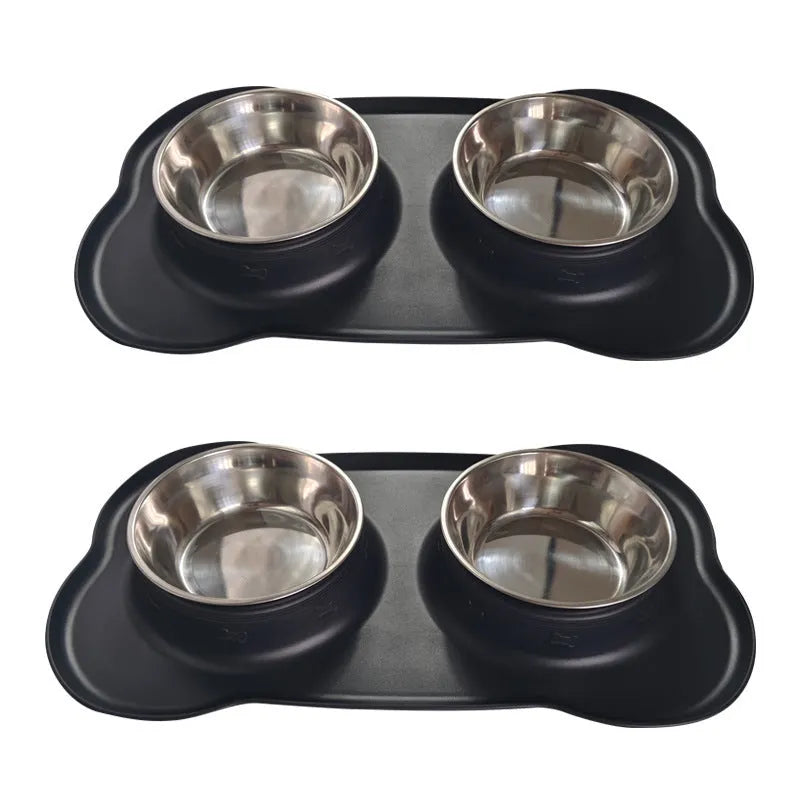 Large double compartment silicone dog bowl with stainless steel base in blue colour