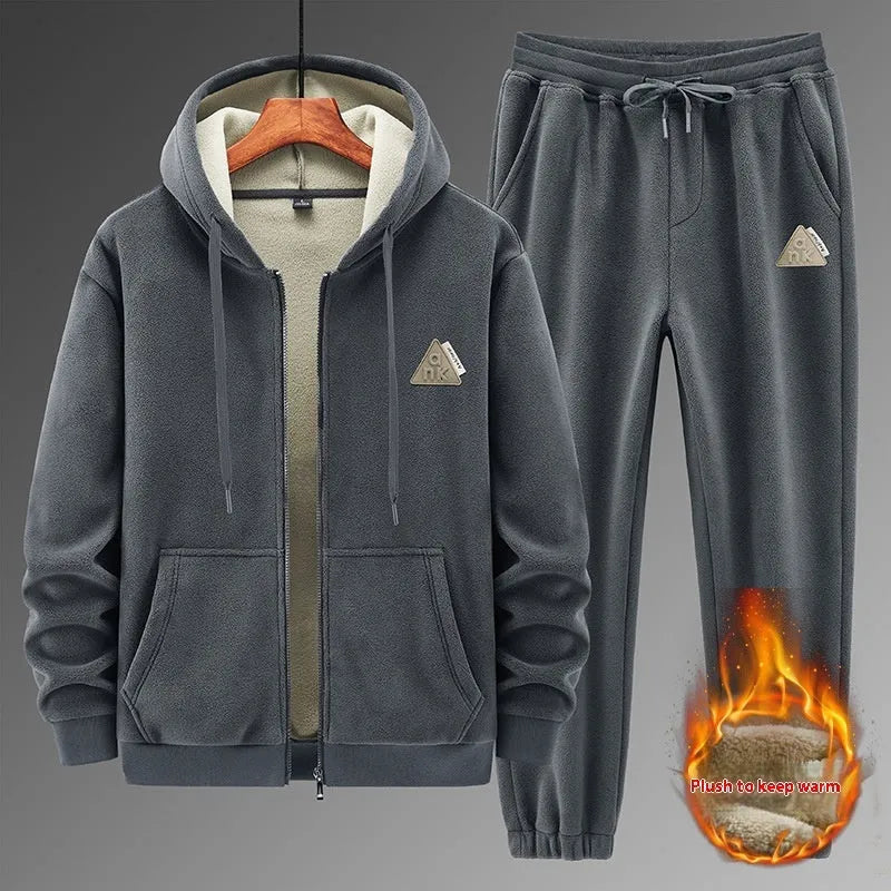 Grey cashmere hooded sweater and cotton pants sports suit set on a hanger