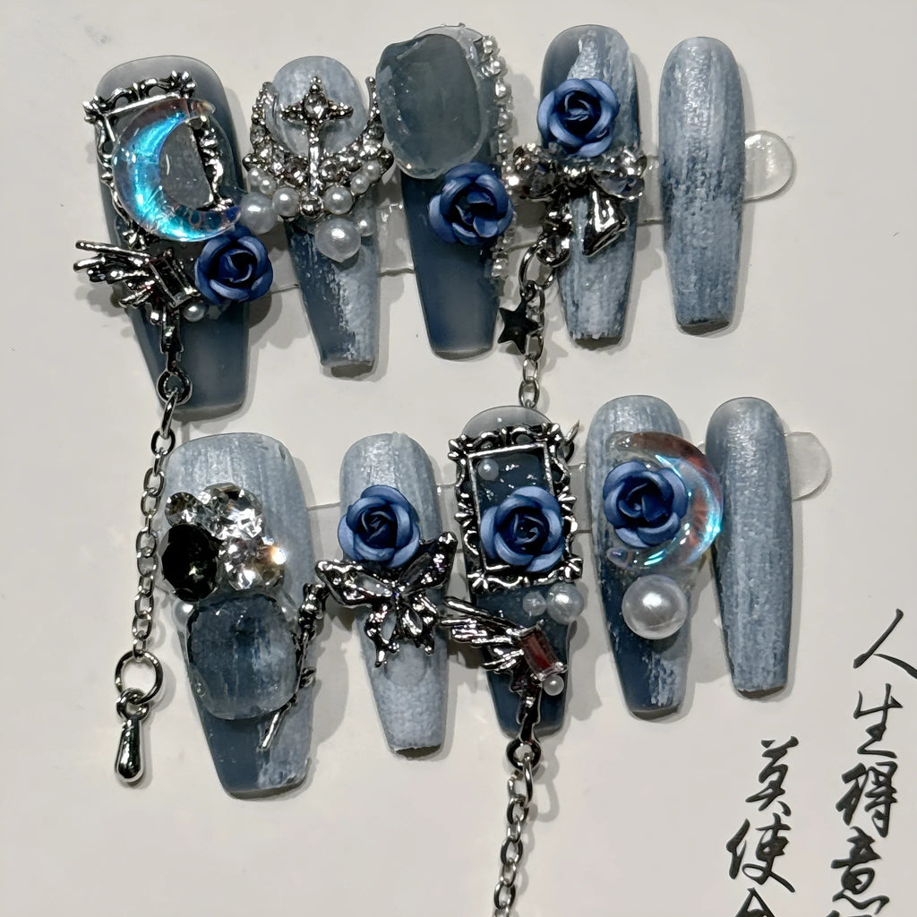 Heavy industry blue evening gloves with rose and tulip embroidery pattern in sizes XS S M L