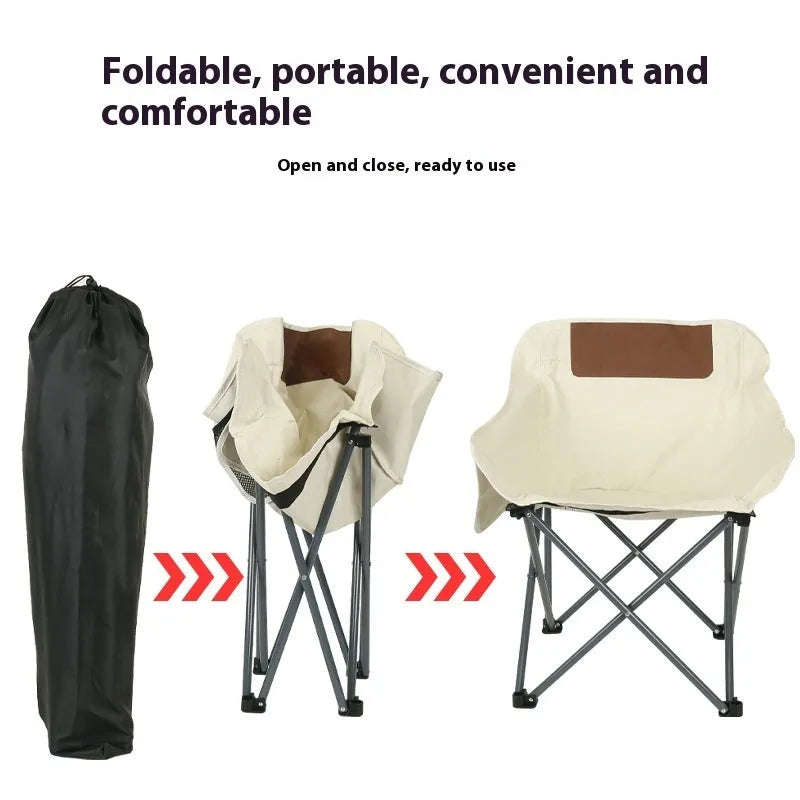 Beige folding chair with Oxford cloth seat and steel frame in outdoor setting