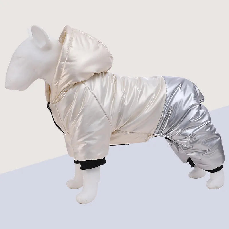Green waterproof four-legged cotton-padded dog coat on canine model showing full leg coverage
