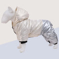 Green waterproof four-legged cotton-padded dog coat on canine model showing full leg coverage