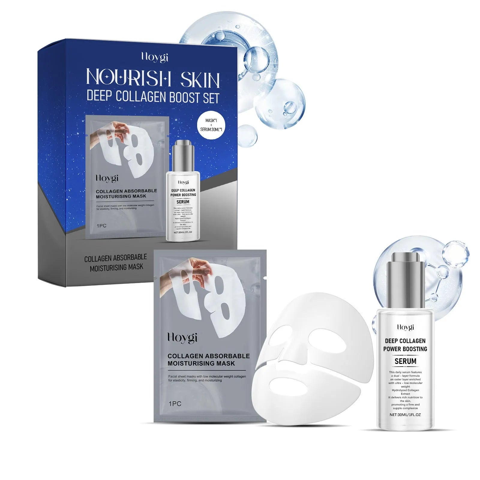 Collagen moisturising suit facial mask essence kit with 30ml bottle and a face mask