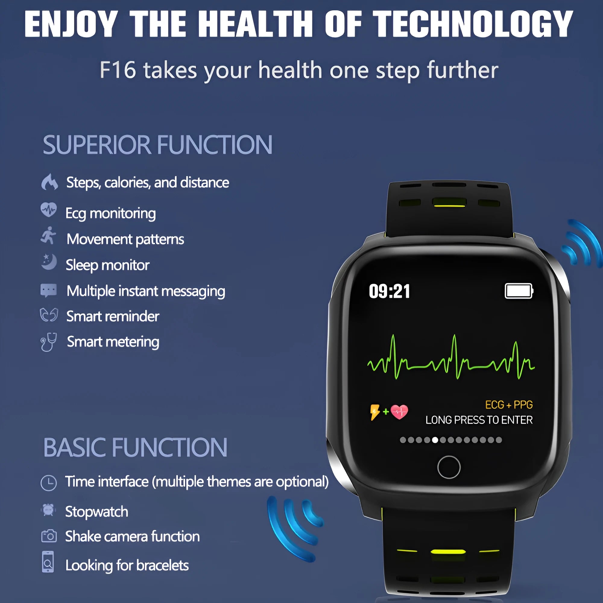 F16 smart watch with ECG monitor showing blood pressure and heart rate display on black silicone wristband