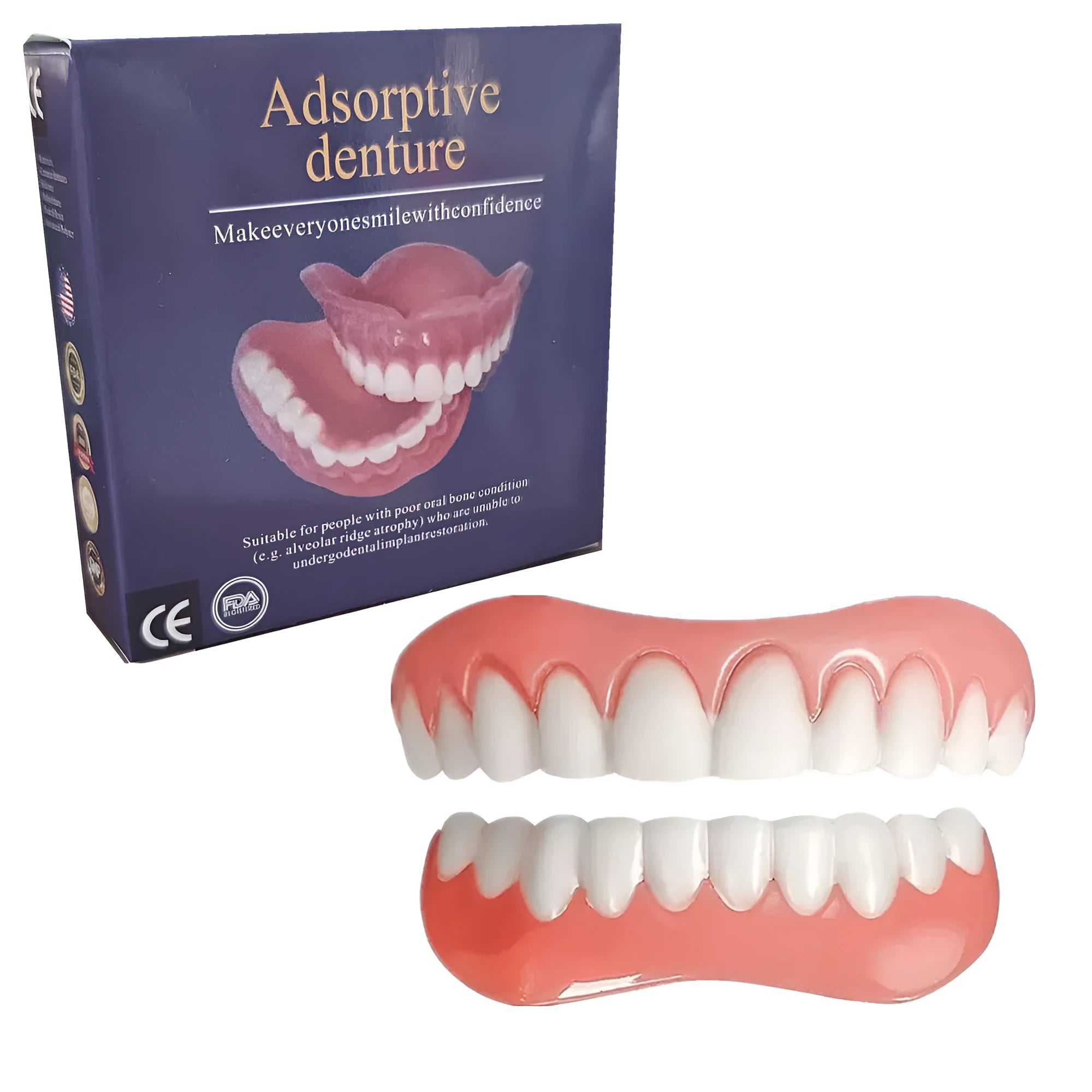 Silicone simulation dentures showing upper and lower teeth configuration in colour-coded box