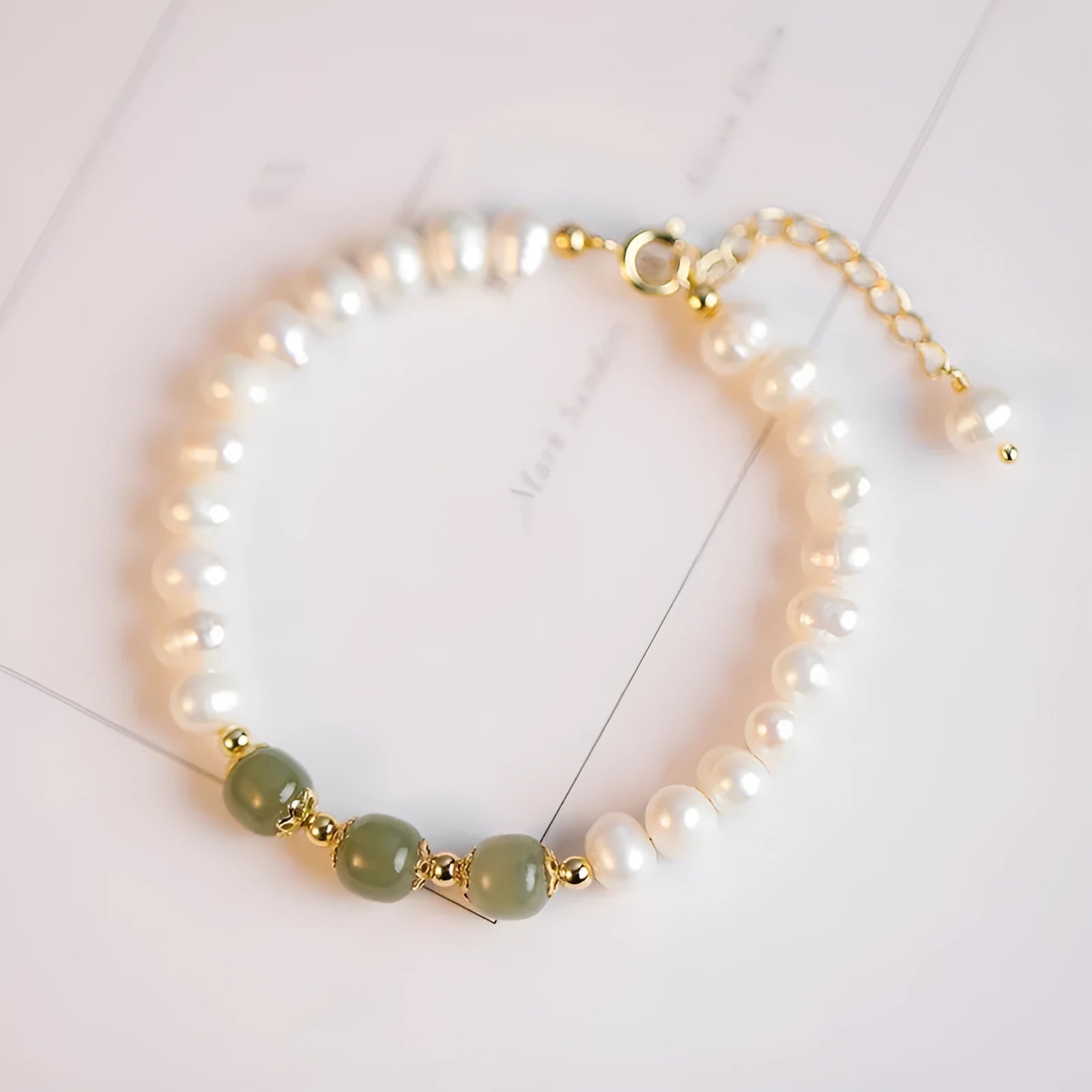Natural freshwater pearl bracelet with diamond-shaped beads in deep and light Hetian jade green electroplated finish