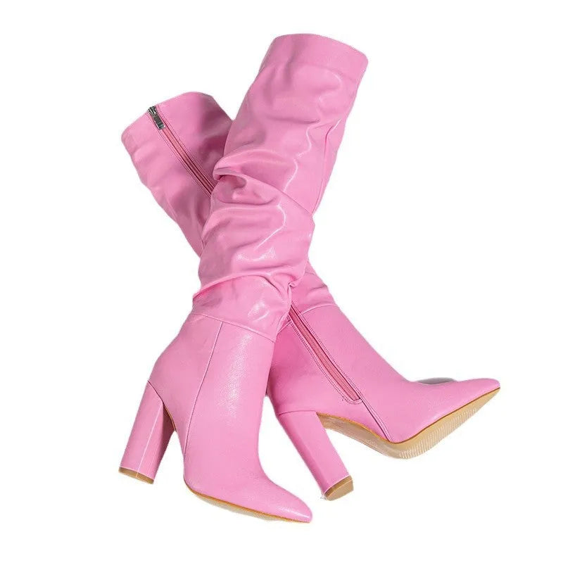 Women's pointed toe high heel boots in pink or white with side zip and 8cm+ heels