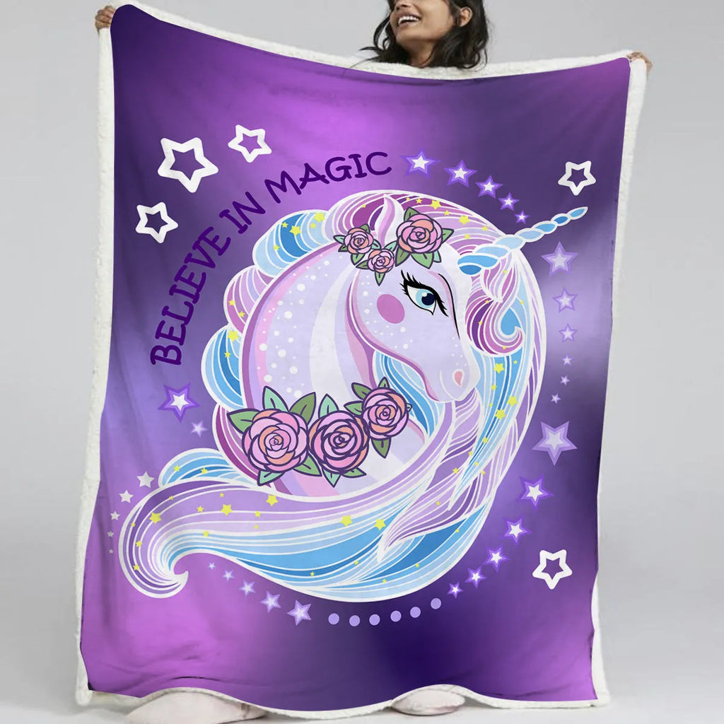 Purple unicorn Sherpa fleece blanket with hemmed edges, available in 130x150cm and 150x200cm