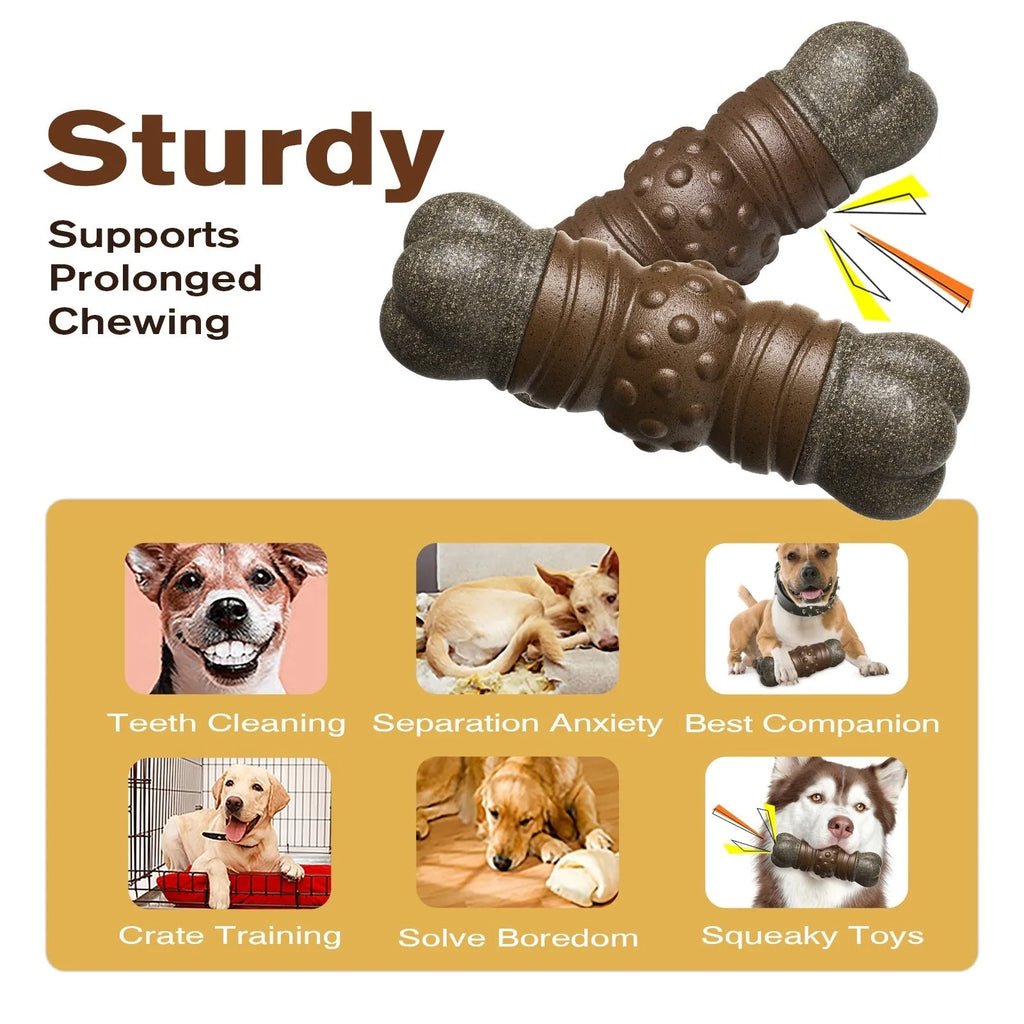 Wood colour plastic dog dental bone toy with textured cleaning surfaces