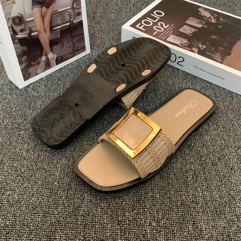 Women's apricot, black, and khaki flat summer slippers with a PVC sole.
