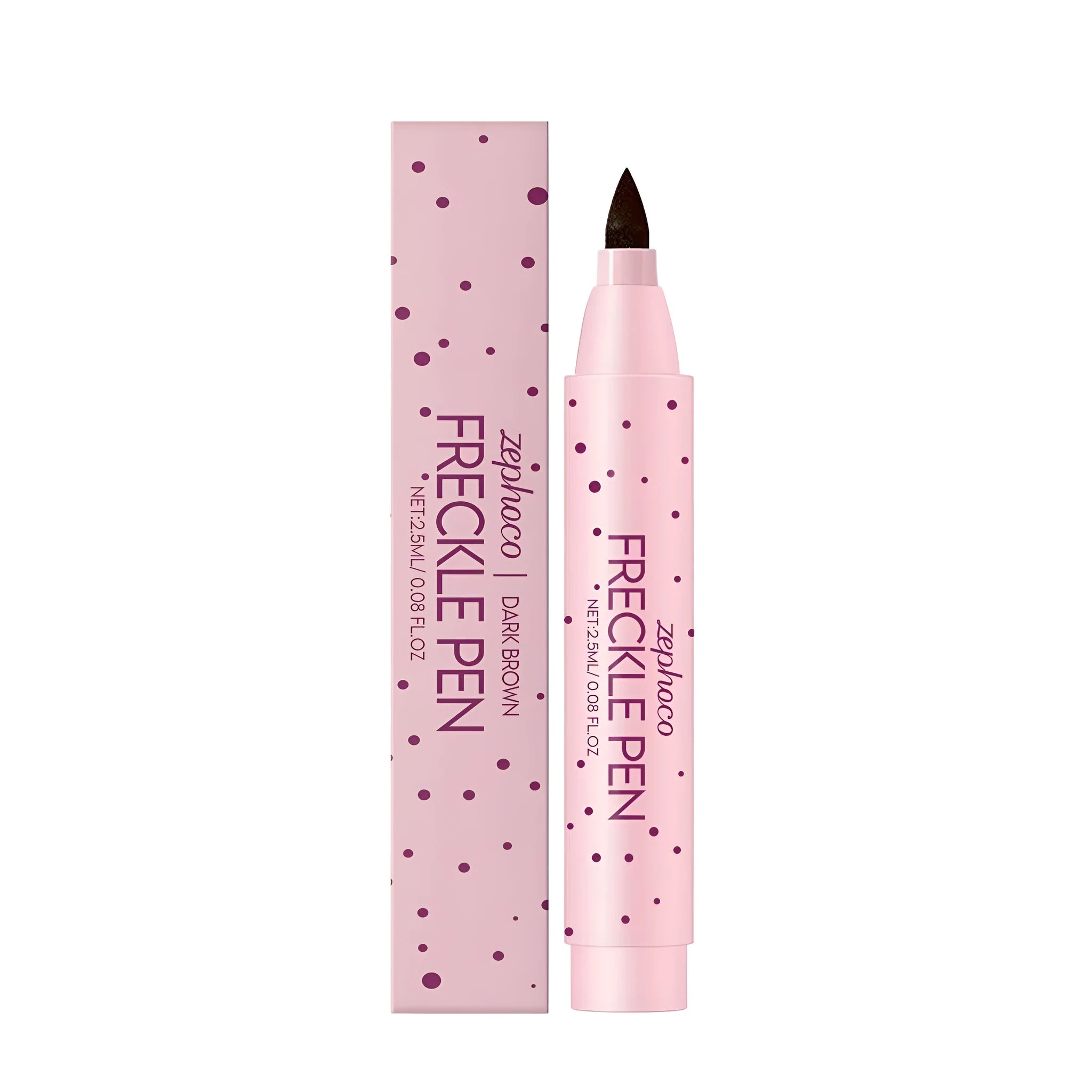 Cosmetic freckle pen with a brush tip applicator in dark brown and light brown colour options.
