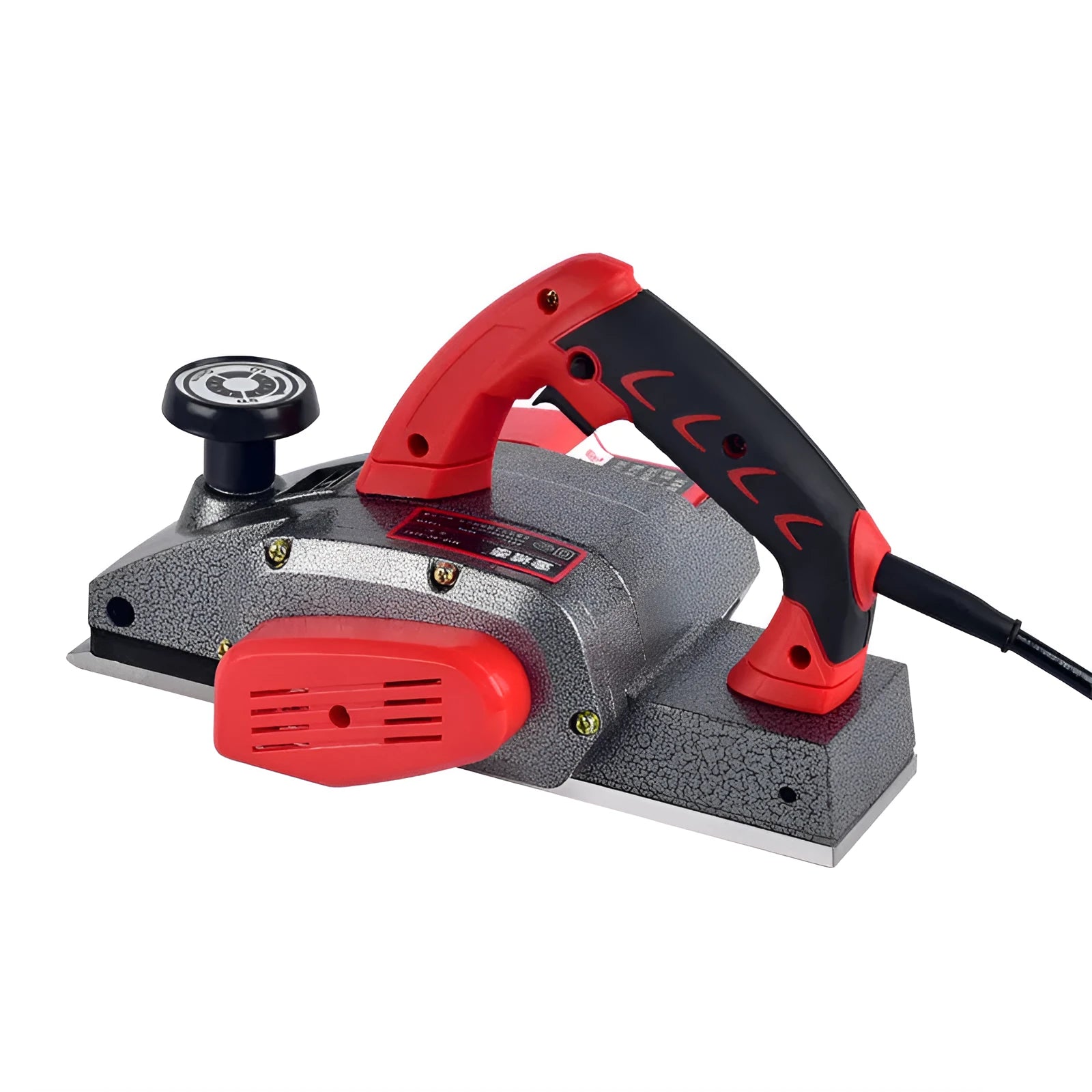 Red aluminium electric wood planer tool with 82mm cutting width on workbench