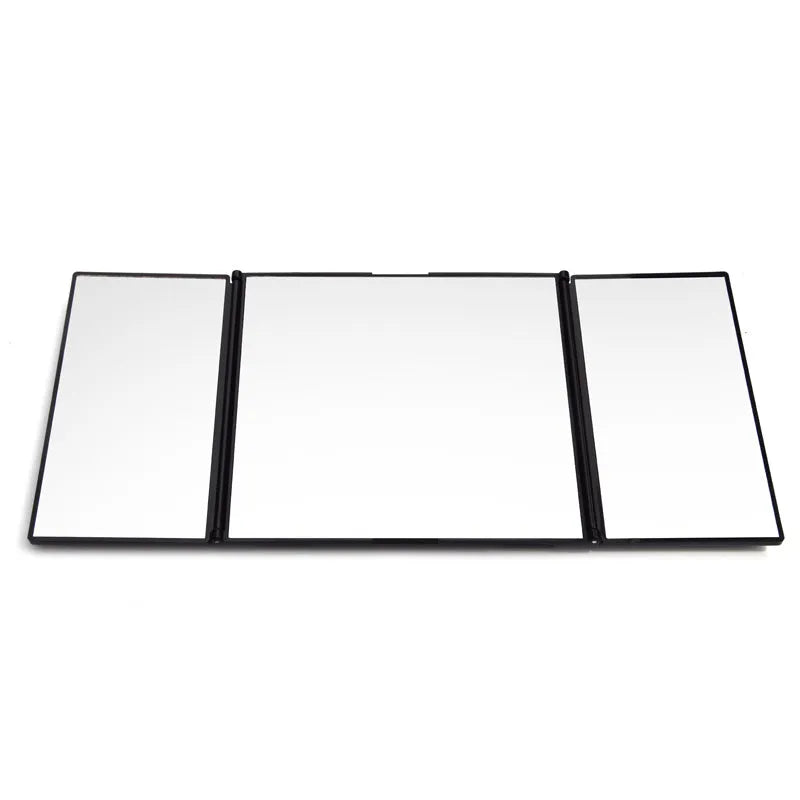 Silver car folding makeup mirror shown open and closed on a car visor