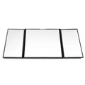 Silver car folding makeup mirror shown open and closed on a car visor