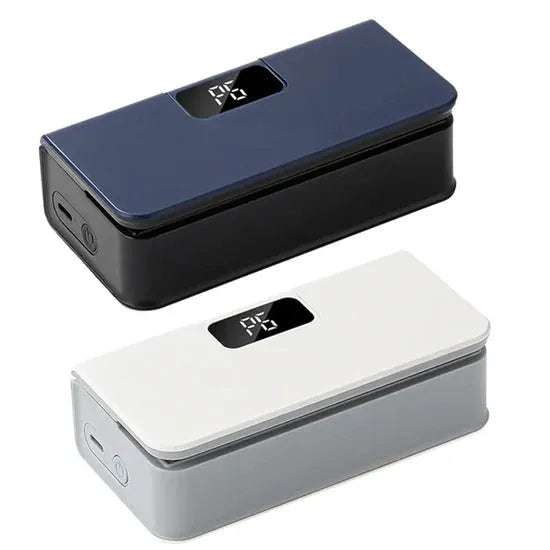 Portable mini sealing machine in blue and white colours measuring 4x3.5x14.4cm
