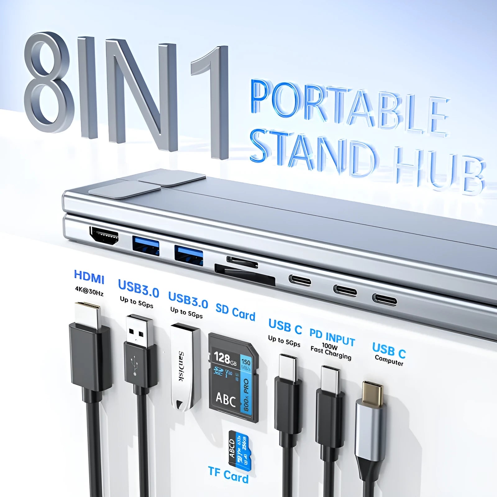 Aluminium folding laptop stand with integrated 8-in-1 docking hub showing ports and 0.6m cable