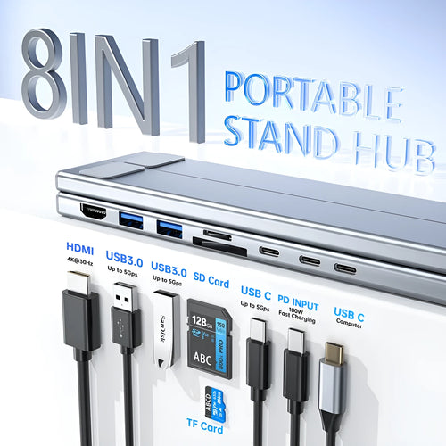 Aluminium folding laptop stand with integrated 8-in-1 docking hub showing ports and 0.6m cable