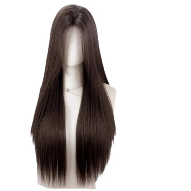 Full-head forehead lace wig in long straight style with dark brown hair colour.
