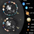 Two natural stone zodiac bracelets with elastic cords showing round beads representing astrological signs