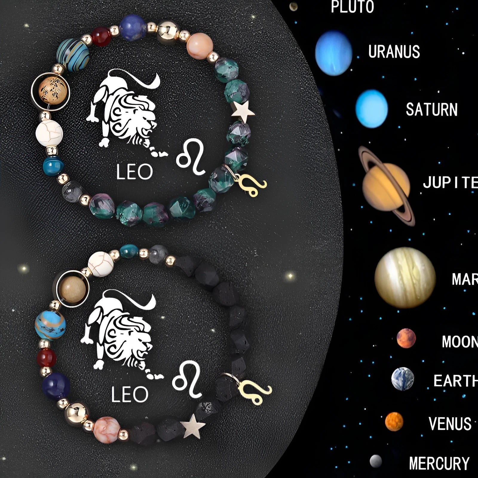 Two natural stone zodiac bracelets with elastic cords showing round beads representing astrological signs
