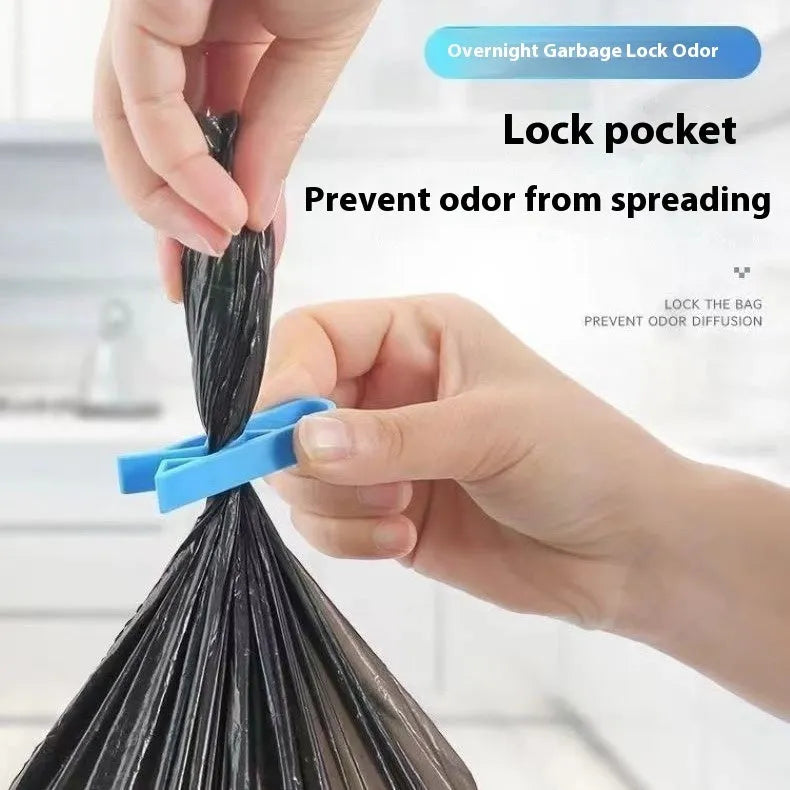 Pack of ten white plastic garbage bag fixing clips for the side of a trash can.