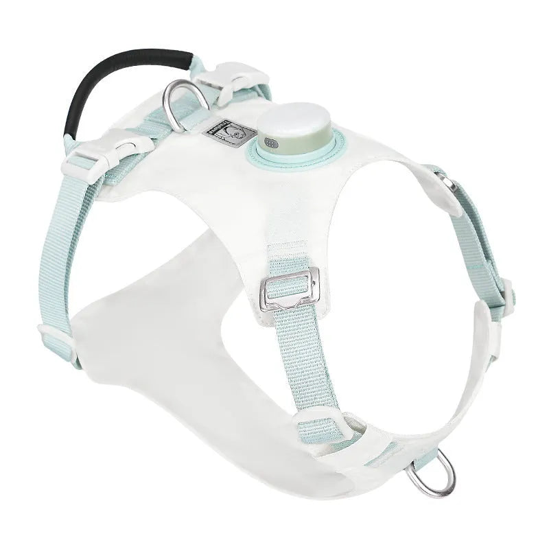 Nylon dog harness with LED light on chest strap, shown in light purple colour.