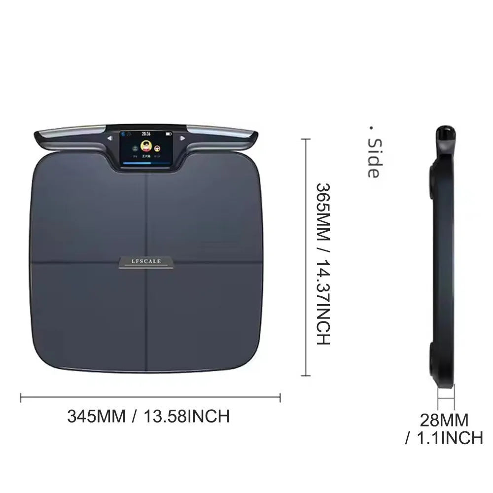 Black eight-electrode smart body composition scale on a floor