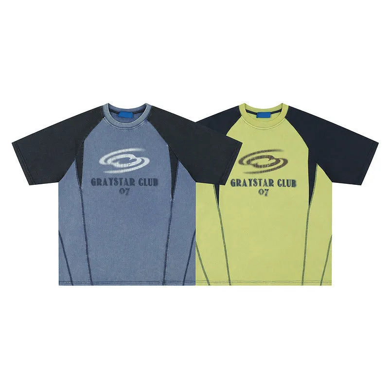 Blue men's hip hop letter print cotton t-shirt with raglan sleeves, laid flat.