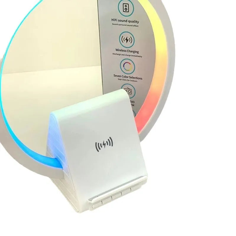 White Bluetooth speaker with wireless charging pad and ambient lighting, 225mm by 200mm dimensions