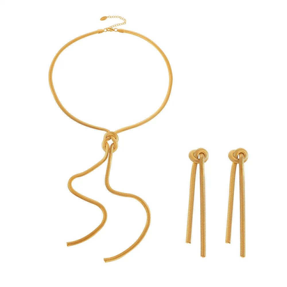 Gold knotted tassel pendant on snake chain necklace with matching earrings set