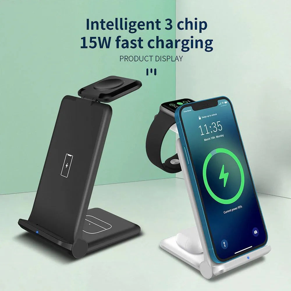 White foldable 3-in-1 wireless charging station for iPhone, Apple Watch, and AirPods.