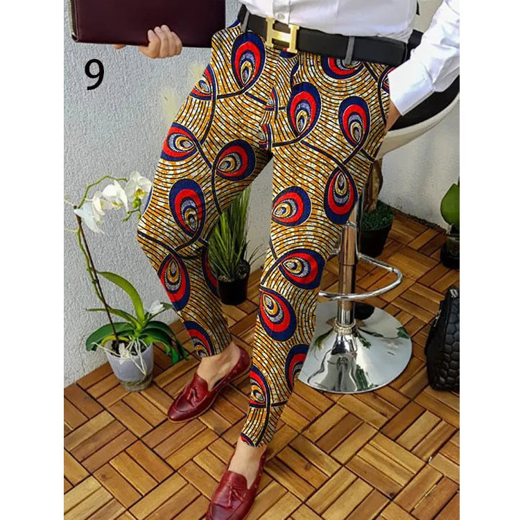 Men's 3D printed plaid casual trousers in straight-leg slim-fit style with micro-elastic fabric