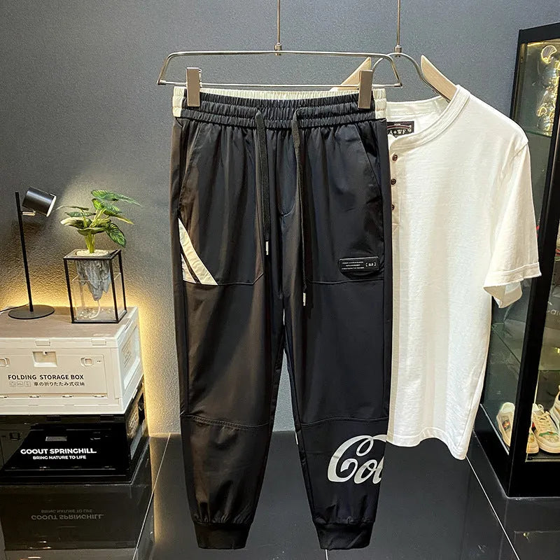 Men's black ultra-thin ice silk ankle banded cropped trousers casual cotton pants
