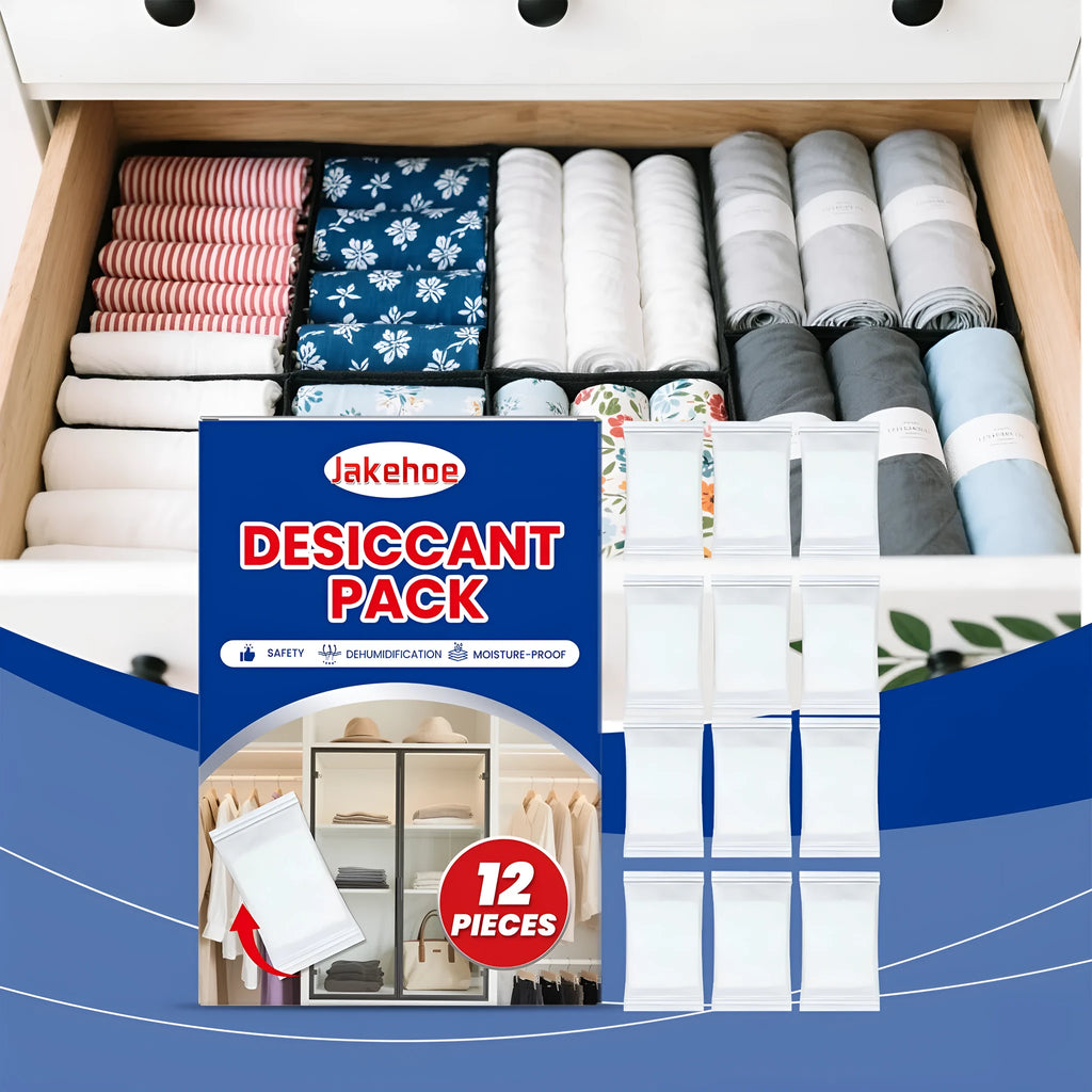 Pack of 12 anti odor desiccant units for household moisture control with calcium chloride.