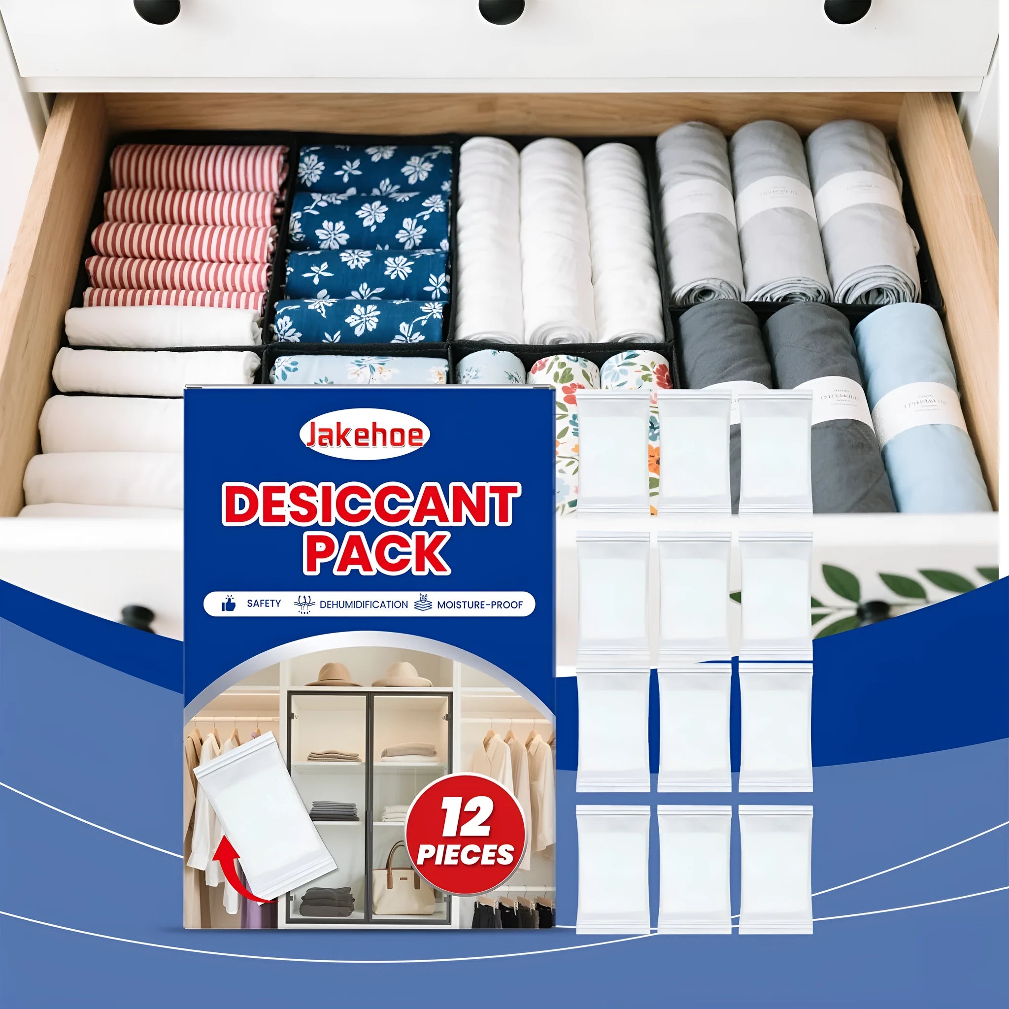 Pack of 12 anti odor desiccant units for household moisture control with calcium chloride.