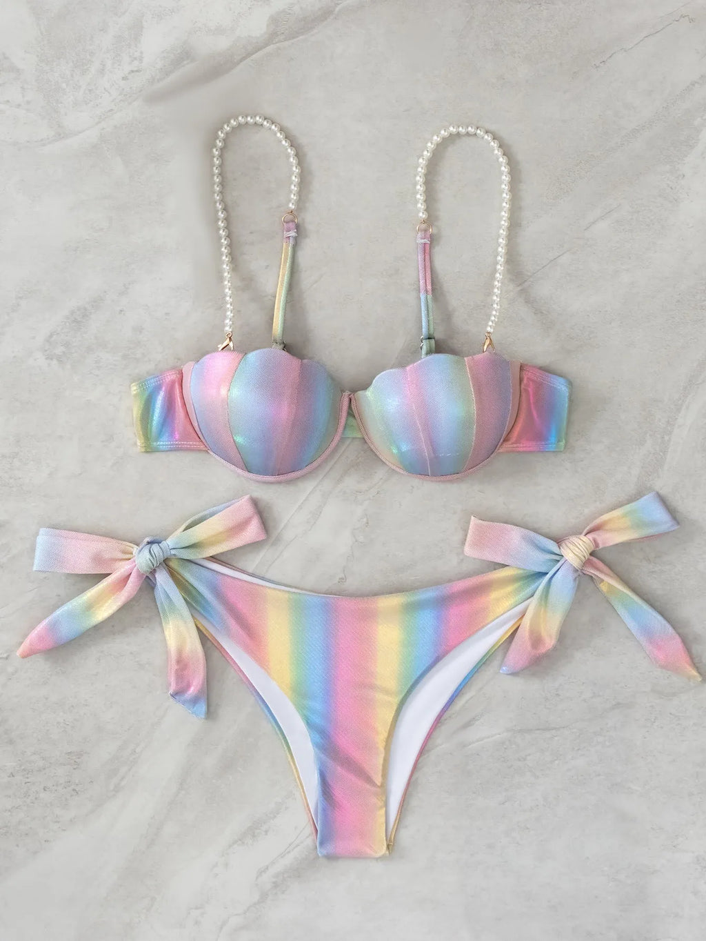 Women's shell rainbow pattern bikini swimsuit with split tied design