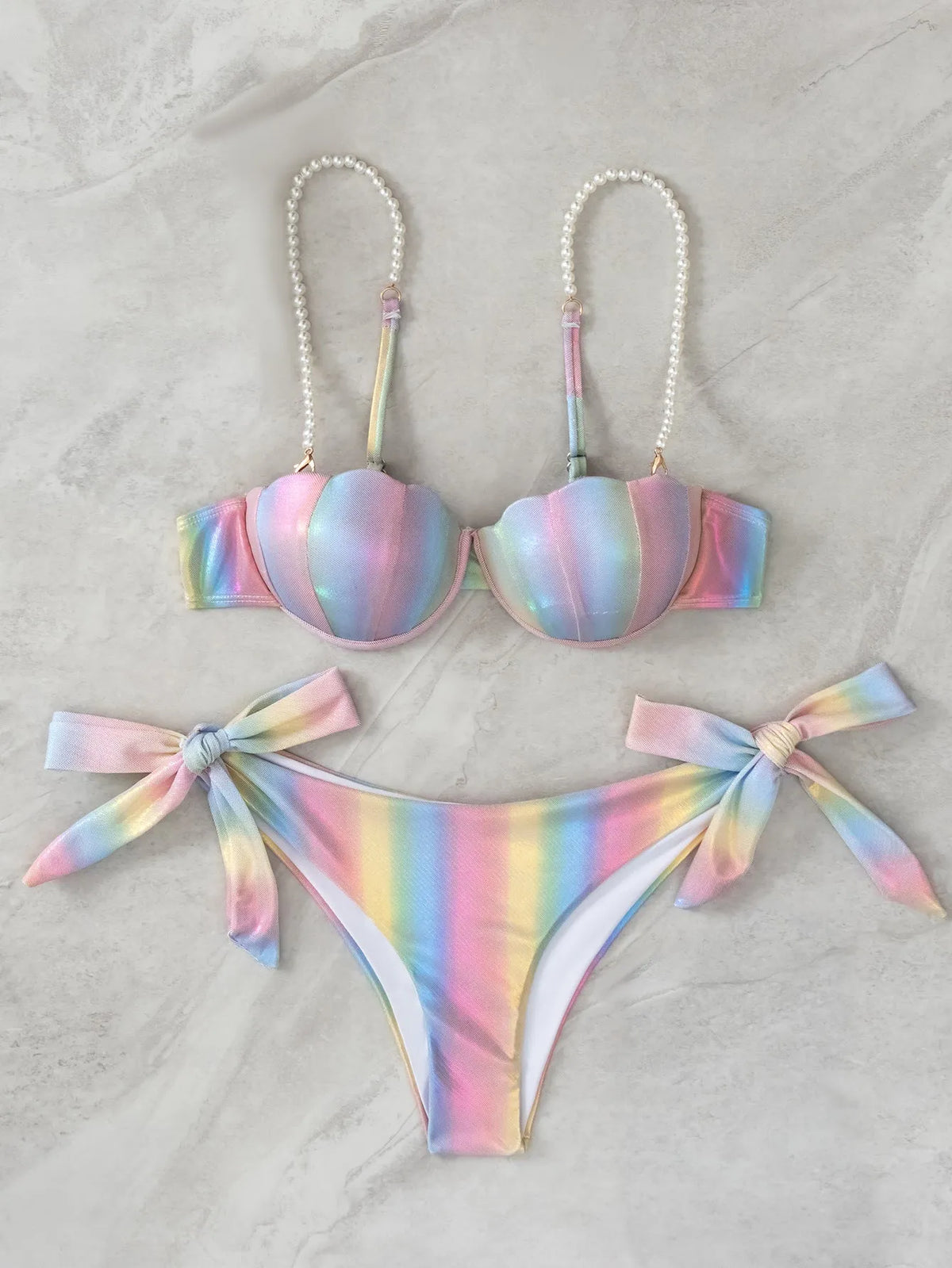 Women's shell rainbow pattern bikini swimsuit with split tied design