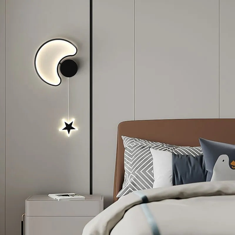 Five-pointed star bedside wall lamp for children's room in celestial cloud, moon, and star designs