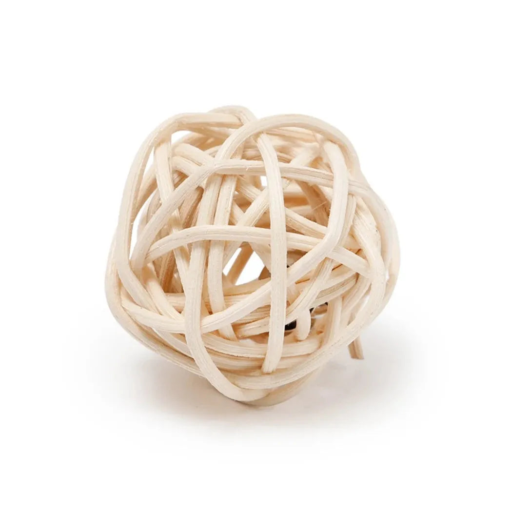 Two cat toys: hollow rattan ball and faux feather ball with bell for interactive play