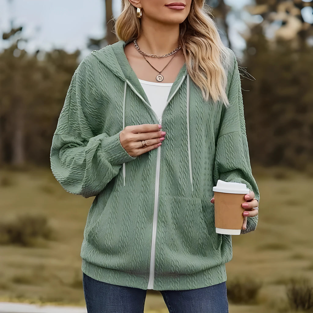 Green women's hooded zipper coat sweater with long sleeves and loose fit