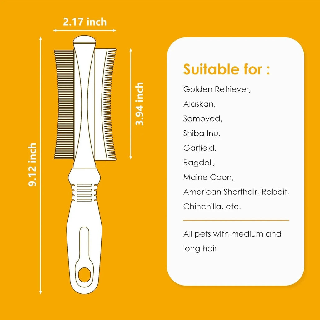 White double-sided pet grooming brush with curved comb and deshedding blades on ergonomic handle