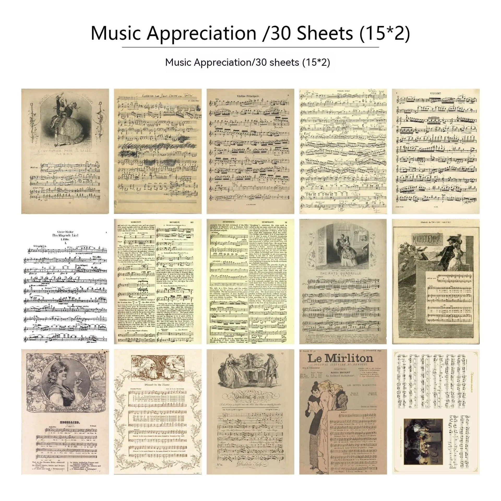 30-piece retro scrapbook paper set showing floral, botanical, musical, and handwritten letter designs for diary decoration