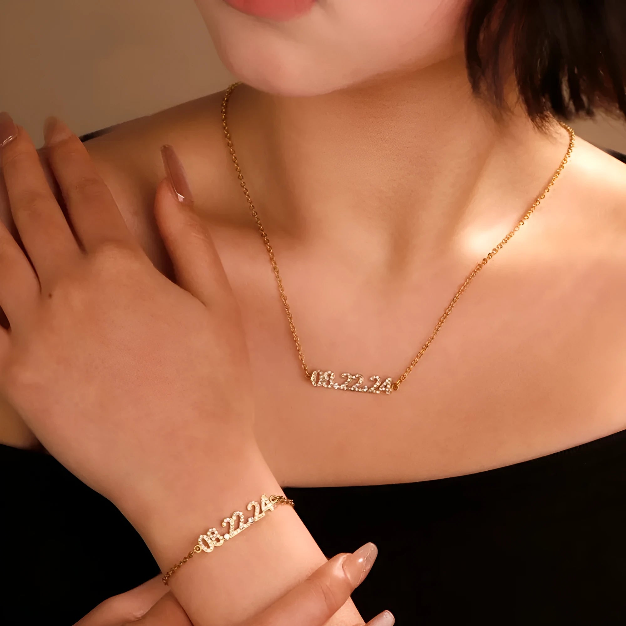 Stainless steel digital bracelet or necklace with diamond studs and clear number display.